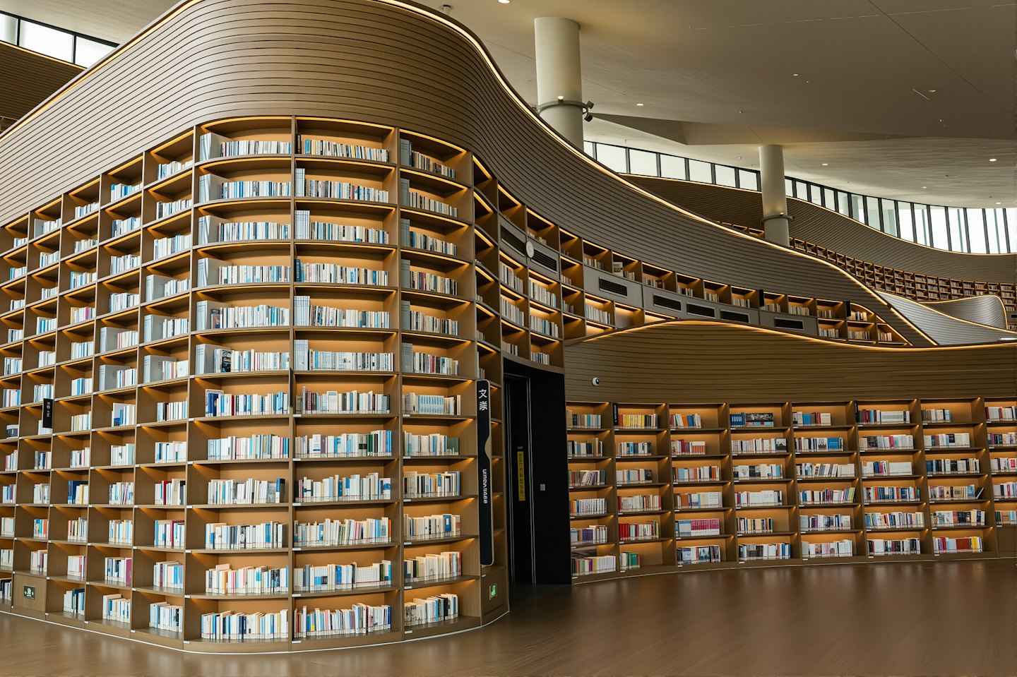Zakrzywione drewniane regały wypełnione książkami w nowoczesnej bibliotece.
