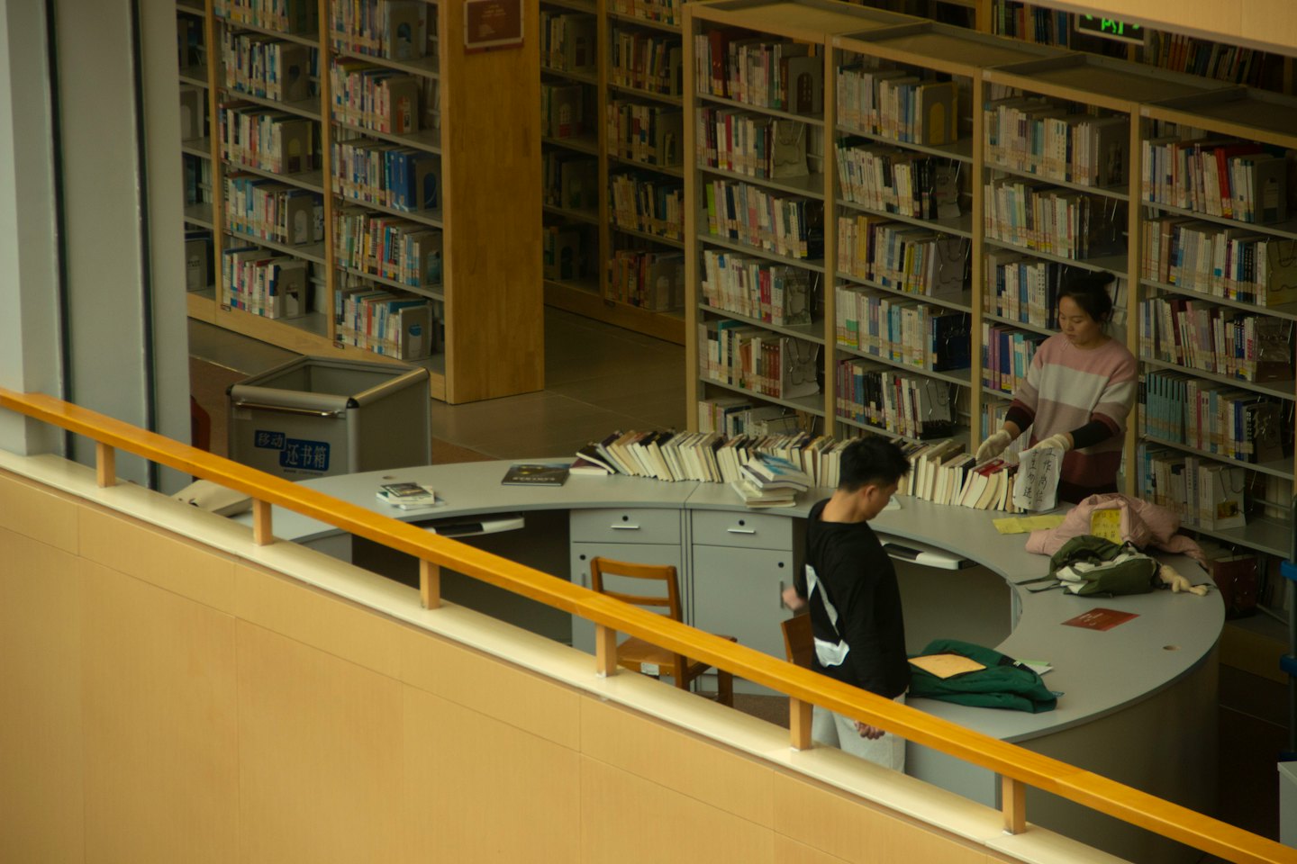 Dwóch bibliotekarzy sortuje książki przy zakrzywionym drewnianym biurku.